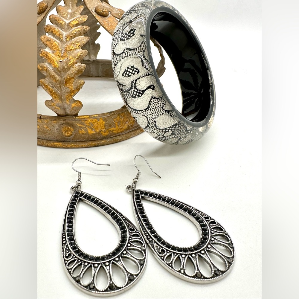 Black & Silver Bangle & Rhinestone Statement Earrings